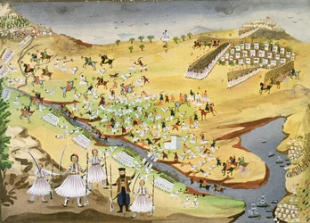 Erste Schlacht zwischen Griechen und Türken an der Alamana-Brücke im Jahr 1821, aus der Bildgeschichte des griechischen Unabhängigkeitskrieges
