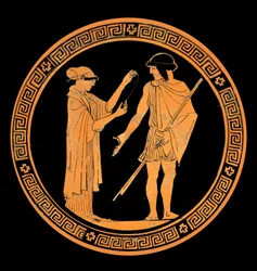 Galantes Gespräch, Dekoration einer Keramik mit roten Figuren. 5. Jahrhundert v. Chr.