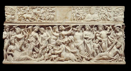 Griechische Kunst: Relief auf Marmor eines Sarkophags, der Dionysos zeigt