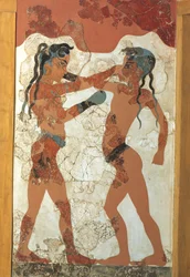 Griechische Zivilisation, Fresko, das junge Boxer darstellt, aus Akrotiri, Thera-Insel, Santorini, Griechenland