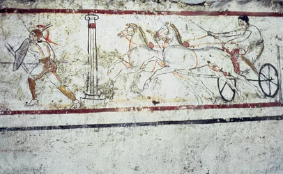 Lukanisches Fresko-Grabmal, das einen Gladiator und einen Mann auf einem Streitwagen darstellt, Paestum 350-330 v. Chr.