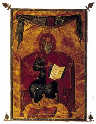 Porträt von Hippokrates (-460 - -377) mit einem Buch (wahrscheinlich der Eid des Hippokrates - Kodex der Deontologie). Griechisches Manuskript aus dem Jahr 1350.