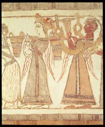 Rituelle Verehrungsszene, möglicherweise die Verehrung der Toten betreffend, Detail der Dekoration auf einem Sarkophag aus einem Grab in Ayia Triada, Kreta, Spätminoische Zeit, ca. 1390 v. Chr.