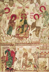 Der byzantinische Arzt Myrepsos empfängt die Patienten, aus einem griechischen Manuskript, 13. Jahrhundert