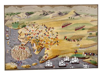 Verschiedene Belagerungen von Missolonghi und der Tod von Lord Byron (1788-1824) im Jahr 1824, aus der Bildgeschichte des griechischen Unabhängigkeitskrieges