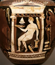 GRIECHISCHE KUNST: Apulische rotfigurige Volutenkrater. Begräbnisszene. Opfergabe