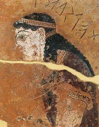 Bemalte Terrakotta-Metope, die Philomela, Tochter des athenischen Königs Pandion, darstellt, vom Tempel des Apollo, Thermos, Griechenland