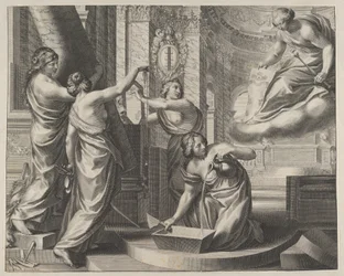 Allegorische Komposition mit Figuren, die nach einem Architekturplan arbeiten