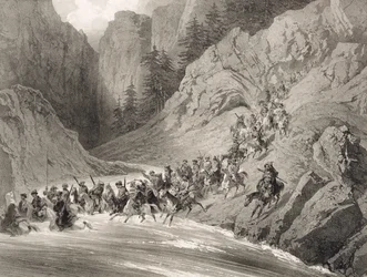 Tscherkessen auf einem Raubzug nahe dem Schwarzen Meer, Tafel 4 aus einem Buch über den Kaukasus, gestochen von Eugène Cicéri (1813-90) und Adolphe Jean-Baptiste Bayot (1810-66), veröffentlicht von Alfred Léon Lemercier, Paris