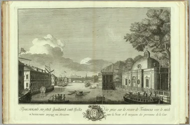 Blick auf den Fontanka-Fluss vom Grotto-Buch zum 50. Jahrestag der Gründung von St. Petersburg, 1753