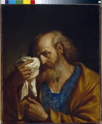 Der heilige Apostel Petrus. Porträt des Jüngers Jesu, der sich die über sein Gesicht strömenden Tränen abwischt.