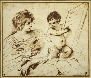 Eine sitzende Sibylle, begleitet von einem Putto, der eine große beschriftete Tafel hält