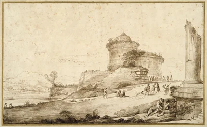 Landschaft mit einer gebrochenen Säule, einer Burg und zahlreichen Figuren im Vordergrund rechts