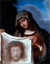 Heilige Veronika. Das Heilige Schweißtuch zeigt das Gesicht Christi, dessen Schweiß Veronika während des Aufstiegs nach Golgatha abgewischt haben soll