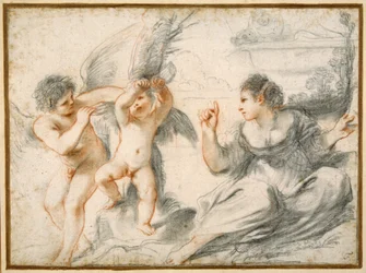 Venus schimpft mit Amor, während ein älterer Amor ihn an einen Baum bindet