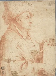 Büste eines Mannes mit Turban und Buch