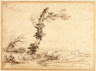 Landschaft mit Falknern bei einem Baum