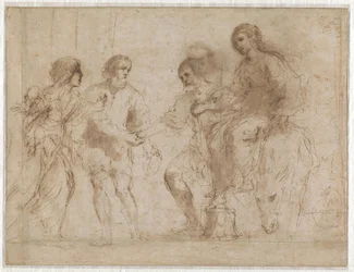 Begegnung Marias und Josefs vor dem Haus von Elisabeth und Zacharias (Vorderseite), Maria und Elisabeth am Fuß einer Treppe (Rückseite)