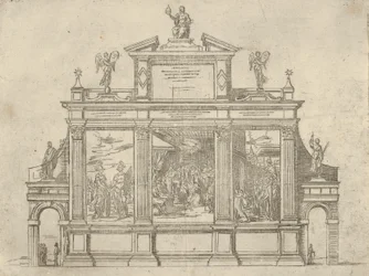 Fassade eines Triumphdenkmals mit drei Szenen, die Taten von Papst Clemens VIII. darstellen, eine temporäre Dekoration, 1598