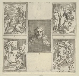 Fünf nummerierte Szenen, jede nach einem Maler in der Accademia Degl