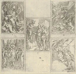 Fünf nummerierte Szenen, jede nach einem Maler in der Accademia Degl