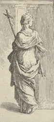 Mädchen, das ein Kruzifix trägt und auf einen Pfeiler zugeht, von hinten gesehen, ca. 1590-1600
