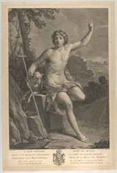 Johannes der Täufer in der Wüste, auf einem Felsen sitzend und mit der linken Hand nach oben zeigend