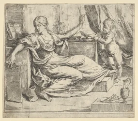 Sitzende Frau mit einem Tablet und Kompass, Allegorie des Lernens, ein geflügelter Putto...
