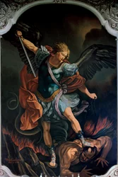 Der Erzengel Michael besiegt den Drachen von V. M. De Girolamo (20. Jahrhundert) nach Guido Reni. 1957