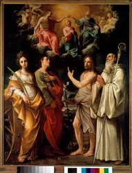 Die Krönung der Jungfrau mit vier Heiligen (Katharina von Alexandrien, Johannes der Evangelist, Johannes der Täufer und Bernhard) - Die Jungfrau Maria ist im Himmel mit der Dreifaltigkeit dargestellt (Jesus Christus, Gott und die Taube des Heiligen
