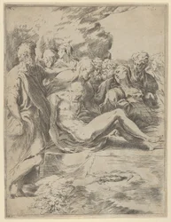 Die Grablegung, Christus mit ausgestreckten Beinen, die Jungfrau rechts, 1590-1600