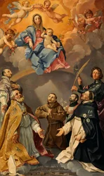 Die Jungfrau mit dem Kind und den Schutzheiligen der Stadt Bologna (die Heiligen Ignatius von Loyola, Petronius, Proculus, Franz von Assisi, Franz Xaver, Dominikus und Florianus)