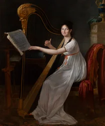 Porträt von Adèle Papin beim Harfespielen
