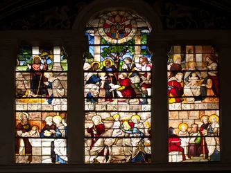 Episode aus dem Leben Jesu, Glasmalerei von Guillaume de Marcillat (1470-1529) 1509, Chor der Basilika Santa Maria del Popolo, Rom