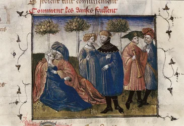 Eine galante Szene von Höflingen, Miniatur in "Roman de la Rose" von Guillaume Lorris