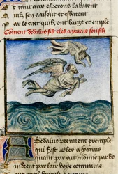 Dädalus und Ikarus. Um Minos zu entkommen, drängt Dädalus seinen Sohn Ikarus, mit seinen Wachflügeln zu fliegen. Miniatur von Guillaume Lorris aus dem Manuskript 