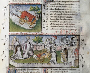 Wie Venus ankommt und die von Eifersucht erbaute Burg stürmt, Miniatur von Guillaume Lorris aus dem Manuskript Le Romanesque de la Rose