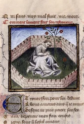 Darstellung eines verliebten Jungen im Garten der Freuden, der den Brunnen des Narziss entdeckt, Miniatur in 