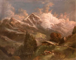 Belebte Hochalm mit Blick auf Alpengipfel - Großglockner?