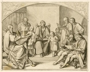 Luthers Einführung deutscher protestantischer Kirchenlieder zusammen mit seinen Kindern und Freunden unter der Leitung von Johannes Walther (1496-1570)