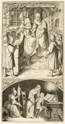Martin Luther als Schuljunge, er singt vor der Tür von Ursula Cotta in Eisenach für ein wenig Brot. In diesem Haus wird er Flöte und Laute lernen, so der Originaltext