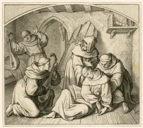 Martin Luther ist bewusstlos in seiner Klosterzelle, zusammen mit anderen Mönchen, die Laute spielen