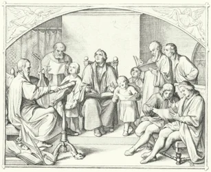 Martin Luther singt mit einem Kirchenchor (Stich)