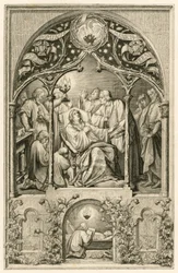 Der Tod von Martin Luther, Luthers zwei Söhne knien vor seinem Vater, Dr. Justus Jonas spricht letzte Worte, hinter ihnen betet Michael Coelius, Johannes Aurifaber mit einem Kandelaber, der Arzt Simon Wild mit Medizin und rechts der Graf Albr