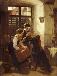 Das geduldige Tier (The Patient Pet). Zwei Kinder haben ihrem Hund (Haustier) einen Hut aufgesetzt und bieten ihm Brot zum Essen an. Gemälde von Gustav Igler (1842-1908)