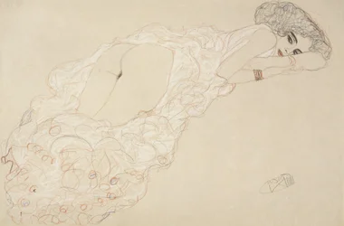 Liegender Akt auf dem Bauch liegend und nach rechts schauend, 1910