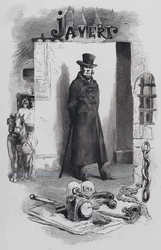 Szene aus Les Miserables, von Victor Hugo: Javert, der Detektiv (Gravur)