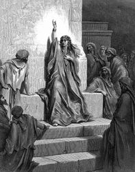Deborah, hebräische Prophetin, die ihr Volk von Jabin, König von Kanaan, und seinem General Sisera befreite, singt ihr Triumphlied. Richter 5:1. 13. Jahrhundert v. Chr. Aus Gustave Dorés illustrierter Bibel 1866. Holzstich.