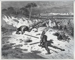 Don Quixotes Moralisieren über Undankbarkeit - aus „Don Quixote de la Mancha“ von Miguel Cervantes (1547-1616) - Holzschnitt nach einer Zeichnung von Gustave Doré