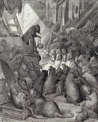 Der Rat der Ratten, aus den Fabeln von La Fontaine, graviert von Antoine Valerie Bertrand (geb. 1823) ca. 1868